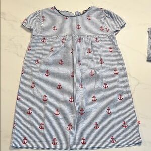 Blue and White Striped Seersucker Dress with Red Anchors
